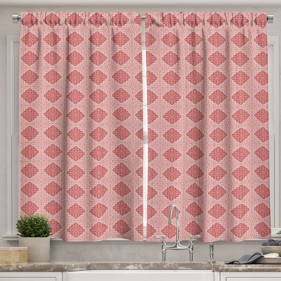 Ambesonne Abstract Kitchen Curtains, Symmetrical Ornament Plot, 55"x45", Dark Pink Blush and White