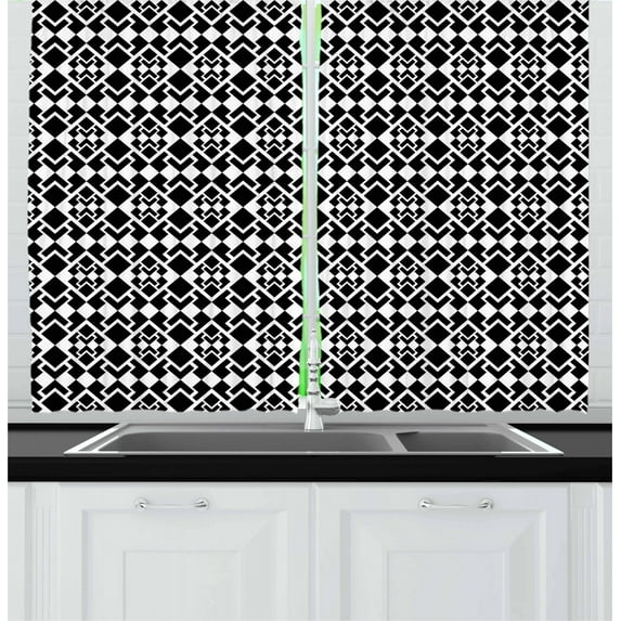 Ambesonne Abstract Kitchen Curtains, Triangle Shapes Geometric, 55"x39", Black White