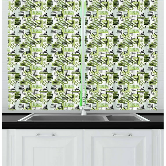 Ambesonne Abstract Kitchen Curtains, Tribal Doodle Lines, 55"x39", Olive Green Pale Green