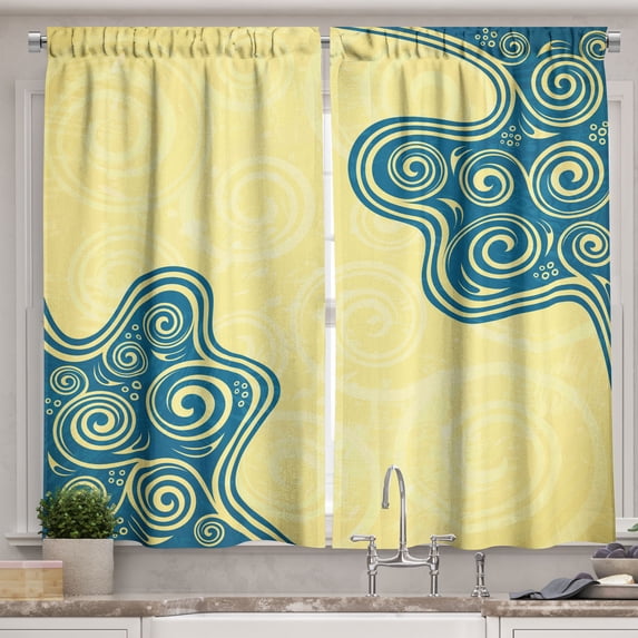 Ambesonne Abstract Kitchen Curtains, Vintage Floral Spiral, 55"x39", Yellow Blue