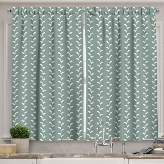 Ambesonne Abstract Kitchen Curtains, Vintage Wavy Floral, 55"x39", Pale Sage Green White