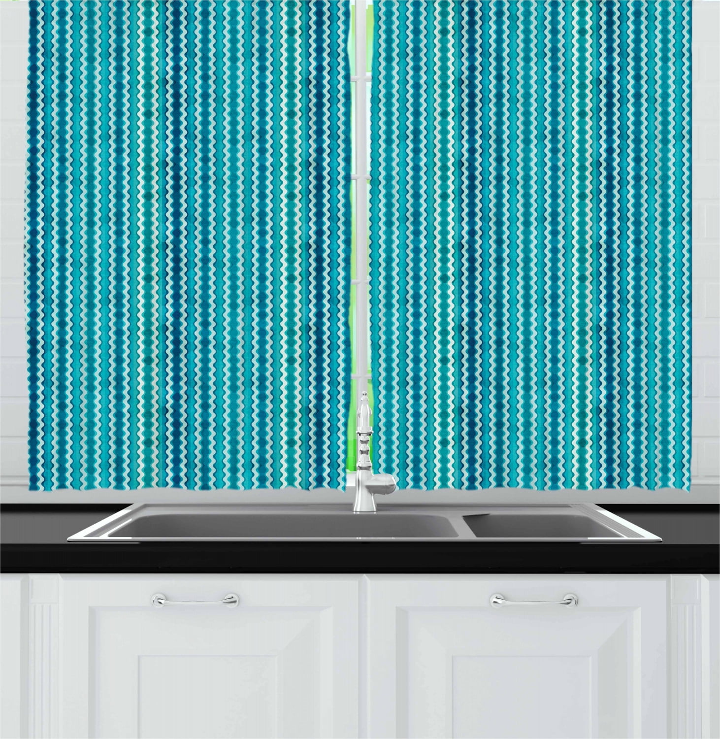 Aqua Blue Wavy Stripe Polyester Kitchen Tier Curtains