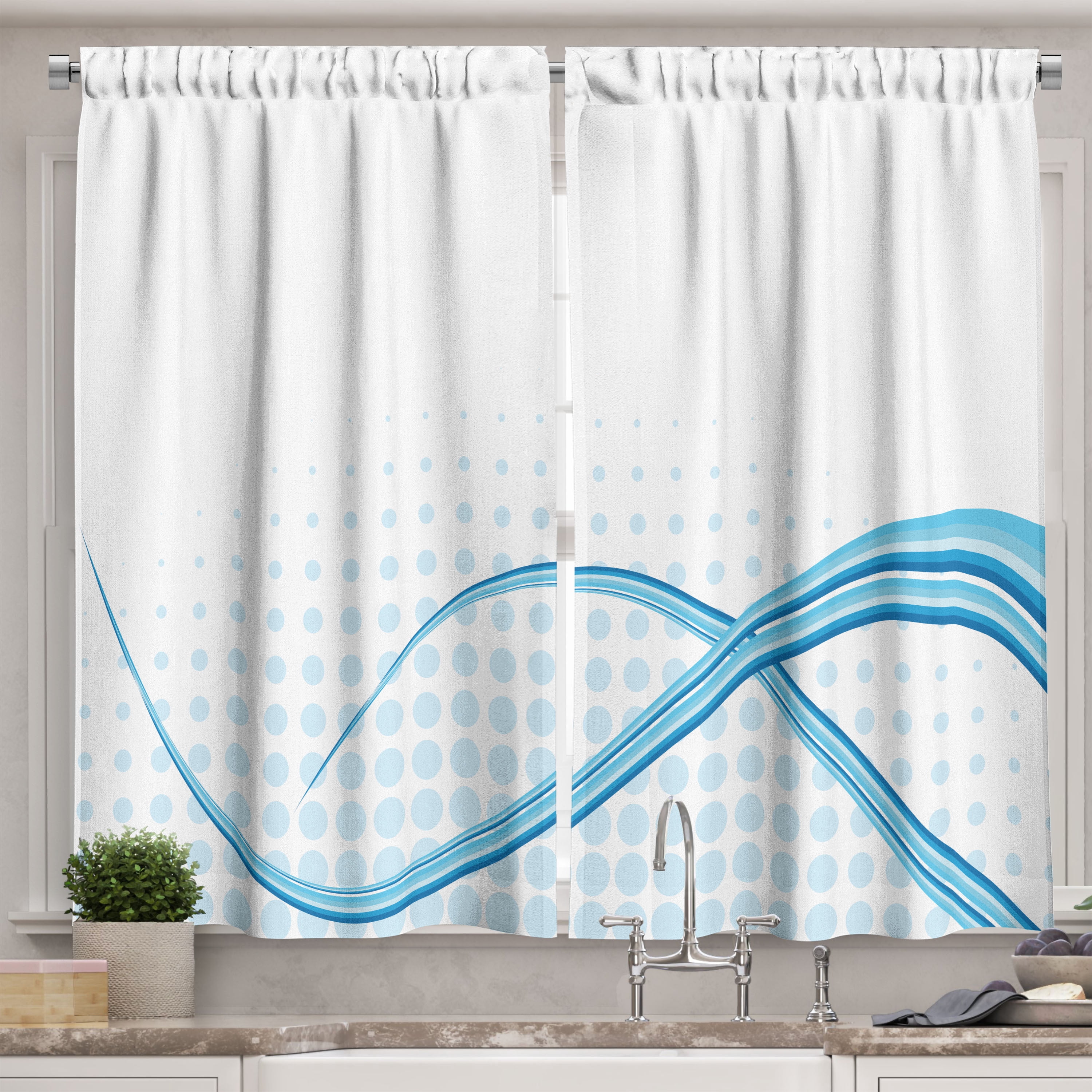 Ambesonne Abstract Lines Kitchen Curtains, Blue Stripes Circles, 55"x24 ...