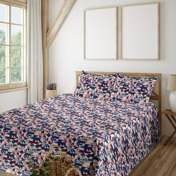 Ambesonne Abstract Modern Art Fitted & Flat Sheet with Sham 3 Pcs Set, Mosaic Look Art, Twin XL, Dark Sky Blue Coral