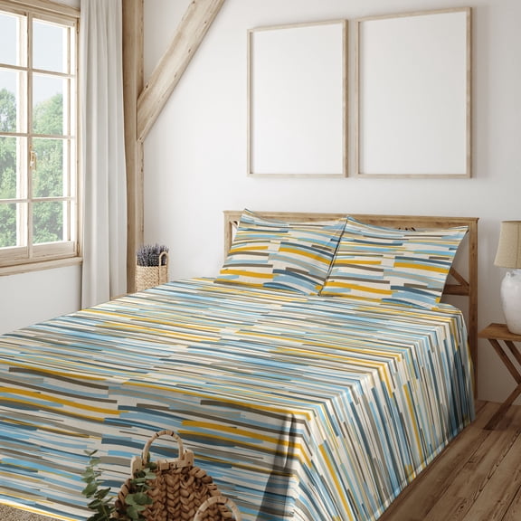 Ambesonne Abstract Modern Art Fitted & Flat Sheet with Sham 3 Pcs Set, Stripes Simple, Twin, Orange Sky Blue Cream