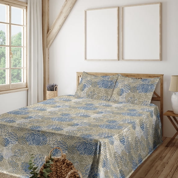 Ambesonne Abstract Modern Art Fitted & Flat Sheet with Shams 4 Pcs Set, Swirly Autumnal, Calking, Avocado Green Cobalt Blue