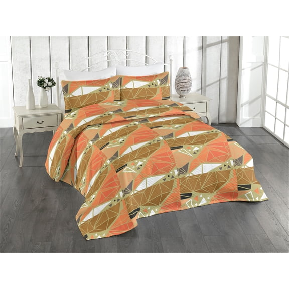 Ambesonne Abstract Modern Art Quilted Bedspread Set 3 Pcs, Geometric Print, Queen, Burnt Sienna Cocoa and White