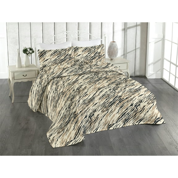 Ambesonne Abstract Modern Art Quilted Bedspread Set 3 Pcs, Grunge Stripes, Twin, Warm Taupe Beige