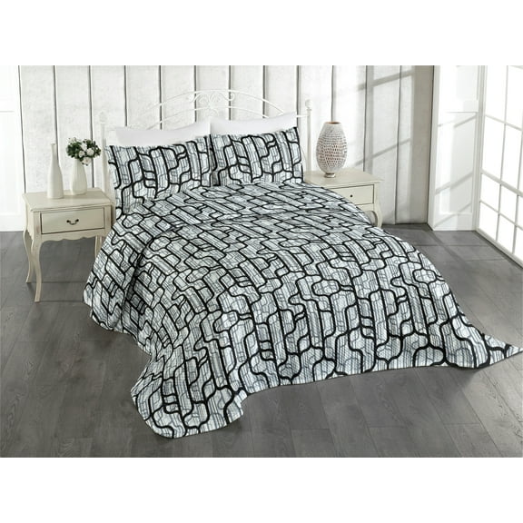Ambesonne Abstract Modern Art Quilted Coverlet 3 Pcs, Geometric Vibes, Queen Size, Charcoal Grey Pale Grey