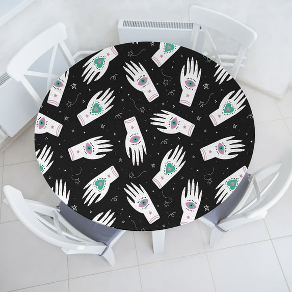 Ambesonne Abstract Modern Fitted Round Tablecloth, Mystical Astral Art, 40"- 44" Diameter, Mauve Sea Green and Dark Grey