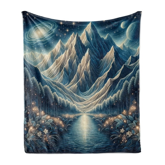 Ambesonne Abstract Mountains Fleece Throw Blanket Dreamy Night 60"x80" Night Blue and Coconut