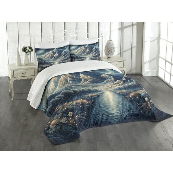 Ambesonne Abstract Mountains Quilted Bedspread Set 3 Pcs, Dreamy Night, King Size, Night Blue and Coconut