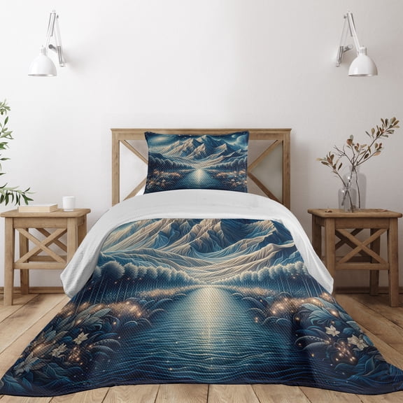 Ambesonne Abstract Mountains Quilted Coverlet 2 Pcs, Dreamy Night, Twin Size, Night Blue and Coconut