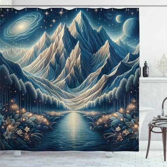 Ambesonne Abstract Mountains Shower Curtain, Dreamy Night, 69"Wx70"L, Night Blue and Coconut