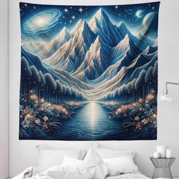 Ambesonne Abstract Mountains Tapestry Queen Size, Dreamy Night, 88"x88", Night Blue and Coconut