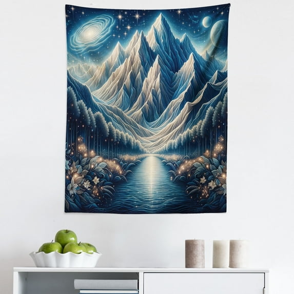 Ambesonne Abstract Mountains Wall Hanging Tapestry, Dreamy Night, 23"x28", Night Blue and Coconut