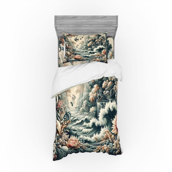 Ambesonne Abstract Nature Bedding Set 3 Pcs, Blooming Forest, Twin, Blush Dark Slate Blue