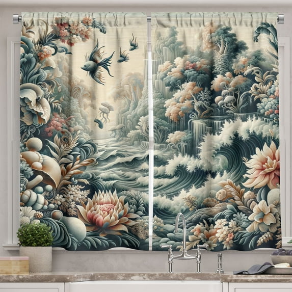 Ambesonne Abstract Nature Kitchen Curtains, Blooming Forest, 55"x39", Blush Dark Slate Blue