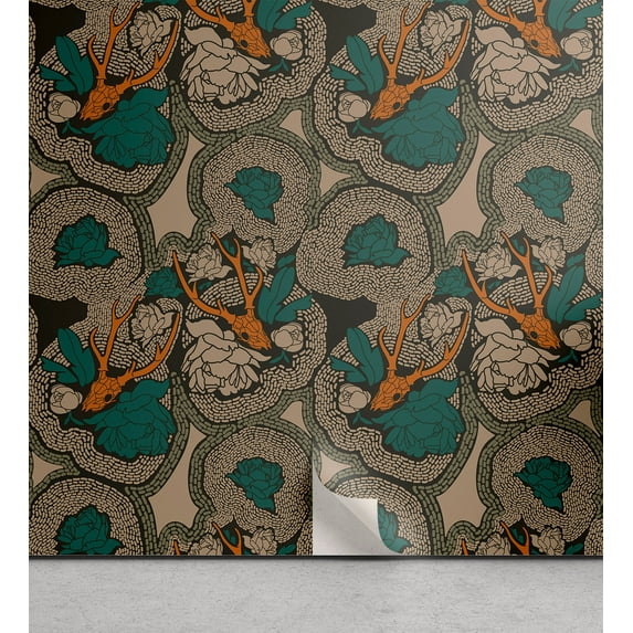 Ambesonne, Abstract Nature Peel & Stick Wallpaper for Home, Wild West Skull, 13"x100", Pale Vermilion Warm Taupe