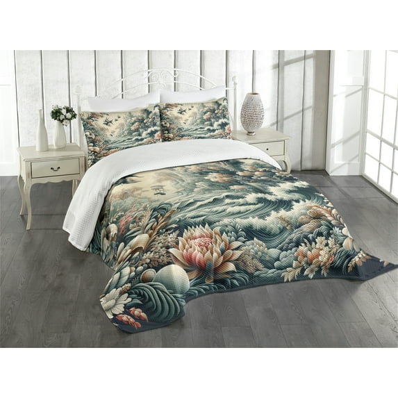 Ambesonne Abstract Nature Quilted Bedspread Set 3 Pcs, Blooming Forest, Queen Size, Blush Dark Slate Blue