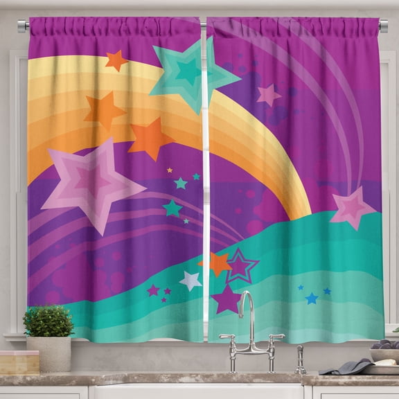 Ambesonne Abstract Painting Kitchen Curtains, Stars Rainbow Art, 55"x30", Dark Magenta and Peach