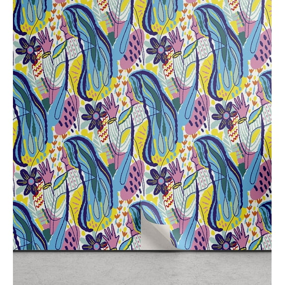 Ambesonne Abstract Peel & Stick Wallpaper for Home, Female Floral Abstract, 13"x36", Pink Deep Sky Blue Yellow