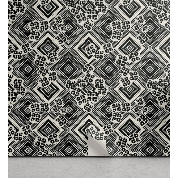 Ambesonne Abstract Peel & Stick Wallpaper for Home, Ink Brush Style Argyle, 13"x36", Pale Eggshell Black