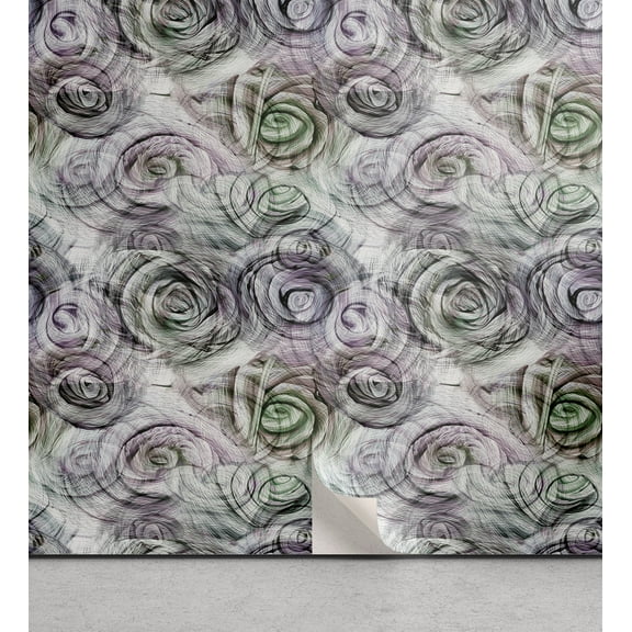 Ambesonne Abstract Peel & Stick Wallpaper for Home, Sketchy Surreal Roses Art, 13"x36", Dark Green Pale Lavender