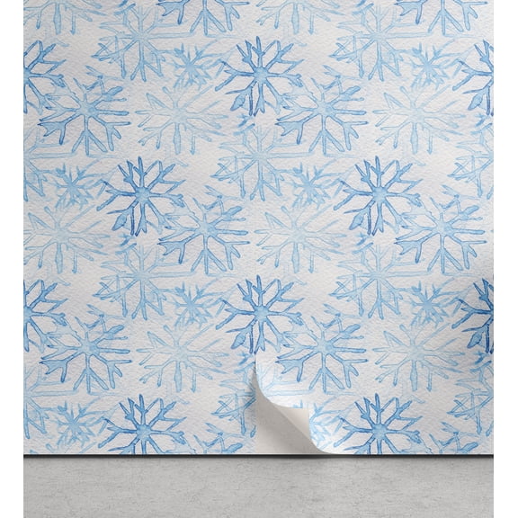 Ambesonne Abstract Peel & Stick Wallpaper for Home, Snowflakes Winter Vibe Art, 13"x36", Deep Sky Blue Off White