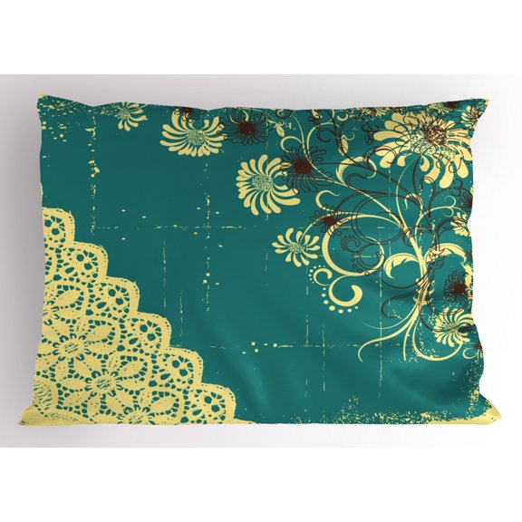 Ambesonne Abstract Pillow Sham, Retro Flora Lace Frame, 26" X 20", White and Jade Green