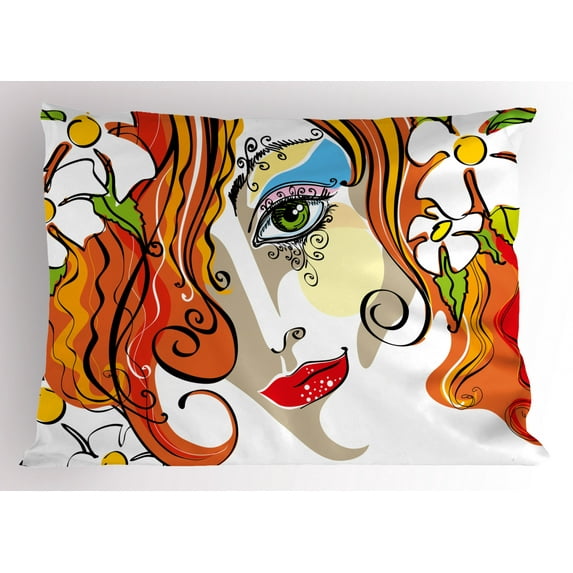 Ambesonne Abstract Pillow Sham, Woman Red Hair Floral, 36" X 20", Multicolor