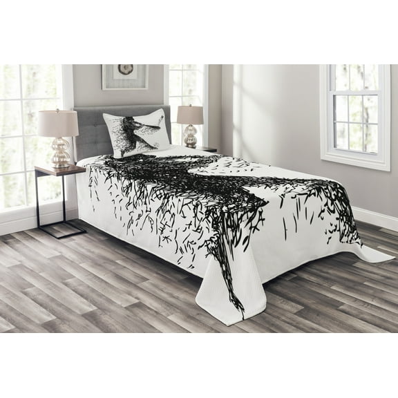 Ambesonne Abstract Quilted Bedspread Set 2 Pcs, Baseball Player, Twin Size, Charcoal Grey White