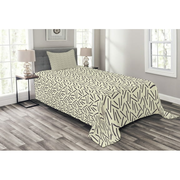 Ambesonne Abstract Quilted Bedspread Set 2 Pcs, Black Lines Modern Art, Twin Size, Cream Black
