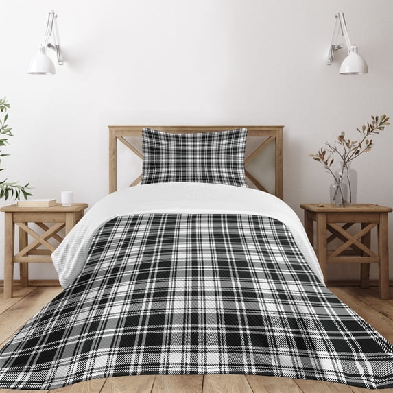Ambesonne Abstract Quilted Bedspread Set 2 Pcs, British Tartan Pattern, Twin Size, White Black