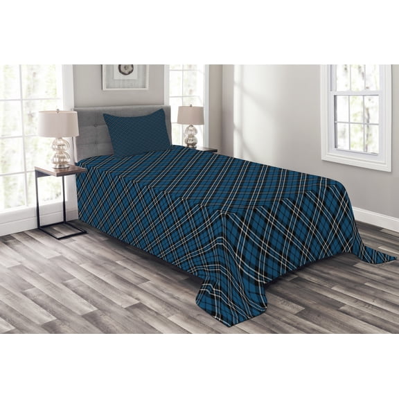 Ambesonne Abstract Quilted Bedspread Set 2 Pcs, British Tartan Style, Twin Size, Blue Black White