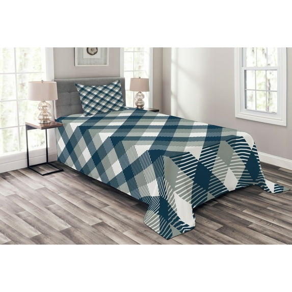 Ambesonne Abstract Quilted Bedspread Set 2 Pcs, Checkered Tartan Shape, Twin Size, Dimgrey White Dark Blue