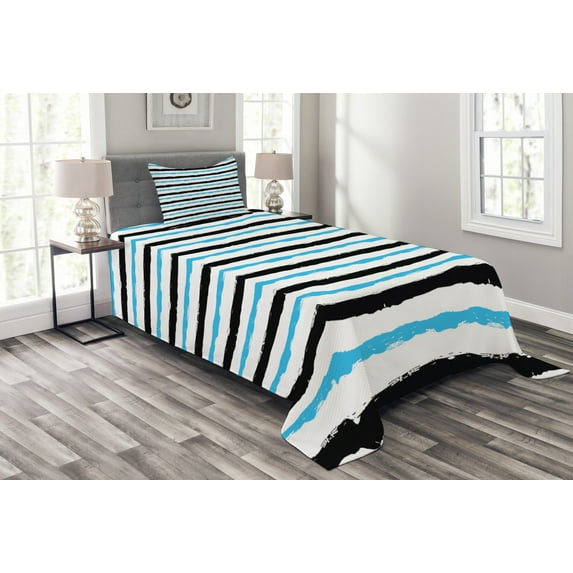 Ambesonne Abstract Quilted Bedspread Set 2 Pcs, Color Bands Stripes, Twin Size, Aqua Black White