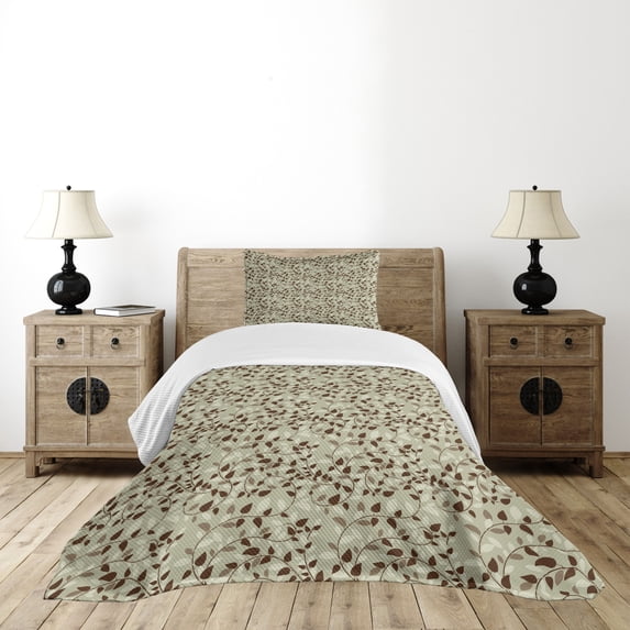 Ambesonne Abstract Quilted Bedspread Set 2 Pcs, Florals Bud Swirls, Twin Size, Brown and Khaki