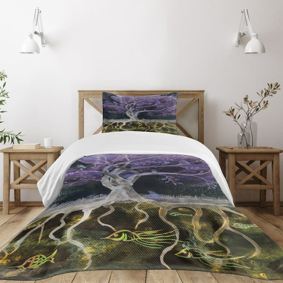 Ambesonne Abstract Quilted Bedspread Set 2 Pcs, Forest Nature Trees, Twin Size, Multicolor