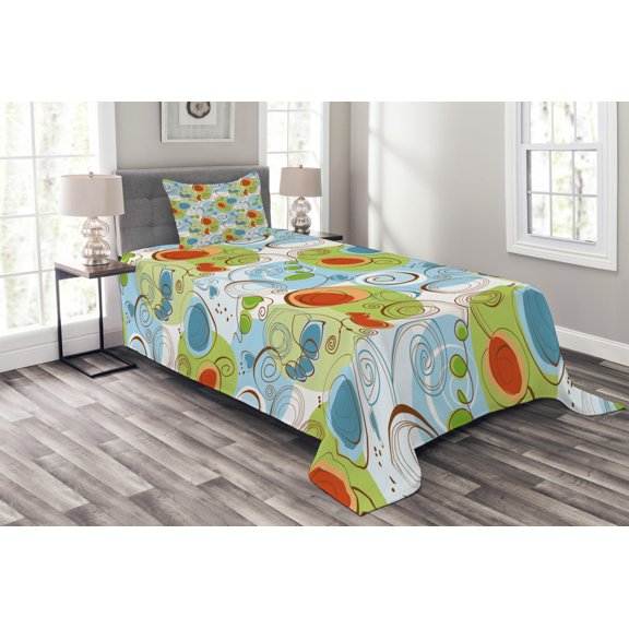 Ambesonne Abstract Quilted Bedspread Set 2 Pcs, Geometric Funky Swirl, Twin Size, Pale Green White