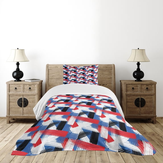 Ambesonne Abstract Quilted Bedspread Set 2 Pcs, Geometric Grunge Motif, Twin Size, Violet Blue White
