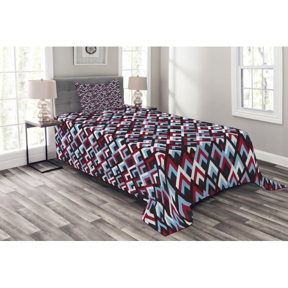 Ambesonne Abstract Quilted Bedspread Set 2 Pcs, Geometric Triangle Shape, Twin Size, Pale Blue Maroon