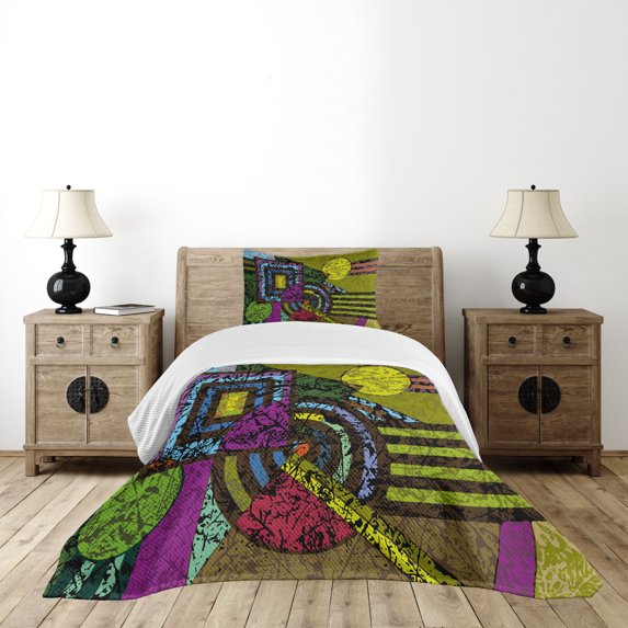 Ambesonne Abstract Quilted Bedspread Set 2 Pcs, Grunge Murky Trippy, Twin Size, Multicolor