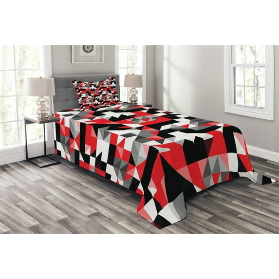 Ambesonne Abstract Quilted Bedspread Set 2 Pcs, Half Triangles Square Art, Twin Size, Charcoal Grey White