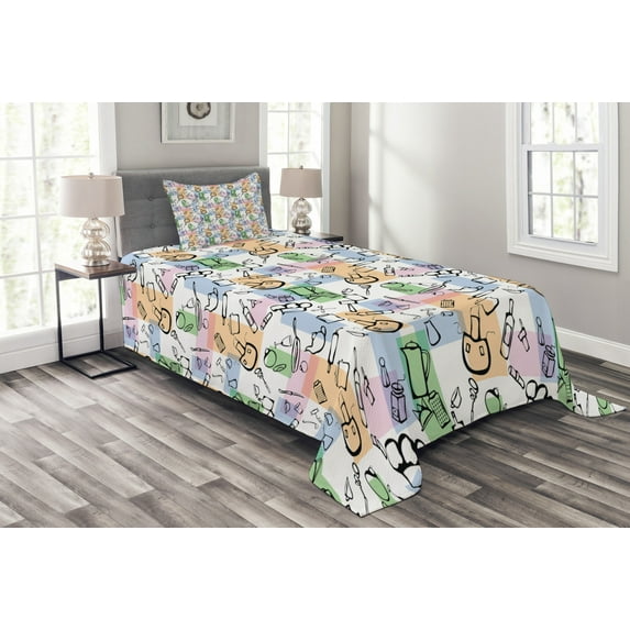 Ambesonne Abstract Quilted Bedspread Set 2 Pcs, Kitchen Stuff Cuisine, Twin Size, Multicolor