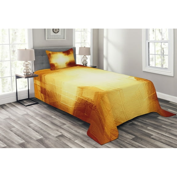 Ambesonne Abstract Quilted Bedspread Set 2 Pcs, Modern Grid Design, Twin Size, Dark Orange and Yellow
