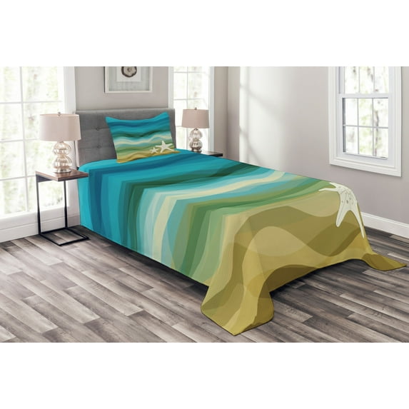 Ambesonne Abstract Quilted Bedspread Set 2 Pcs, Modern Waves Starfish, Twin Size, Blue Beige