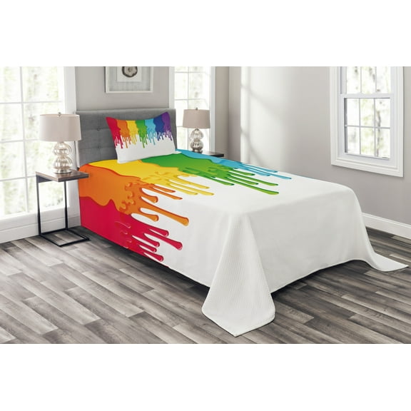 Ambesonne Abstract Quilted Bedspread Set 2 Pcs, Rainbow Colored Paint, Twin Size, Multicolor