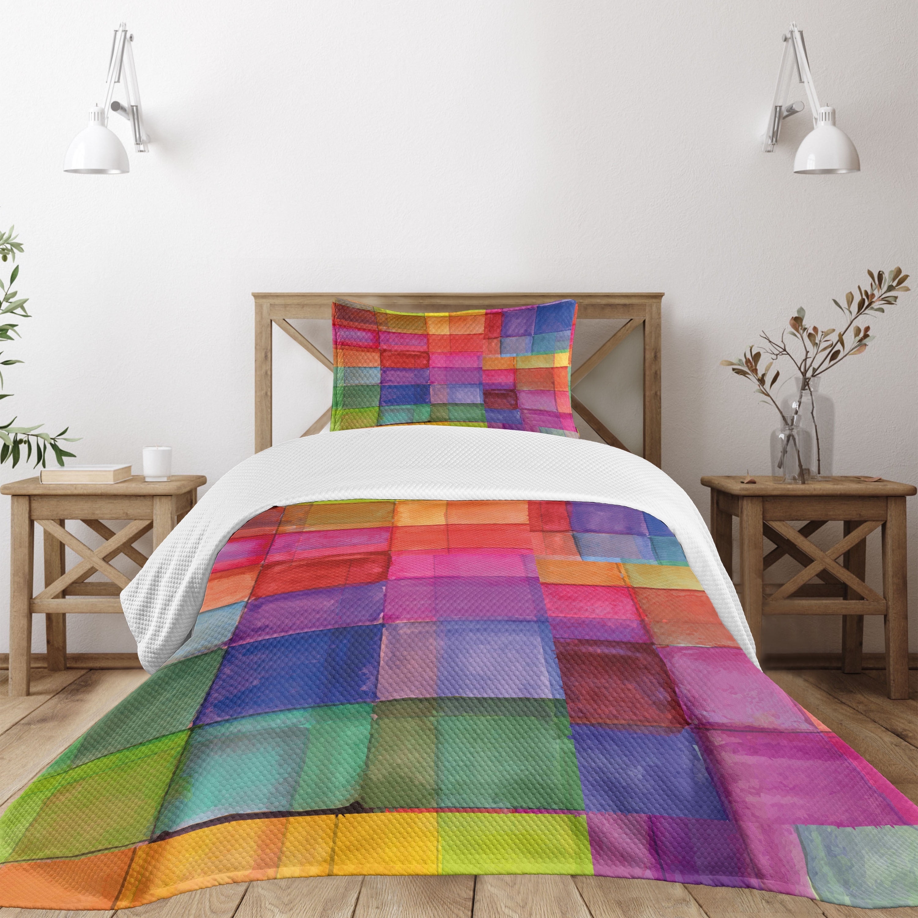 Twin Multicolor Geometric Quilted Bedspread Set