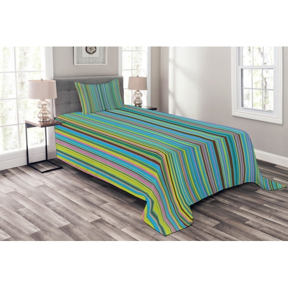 Ambesonne Abstract Quilted Bedspread Set 2 Pcs, Retro Thin Stripes, Twin Size, Multicolor